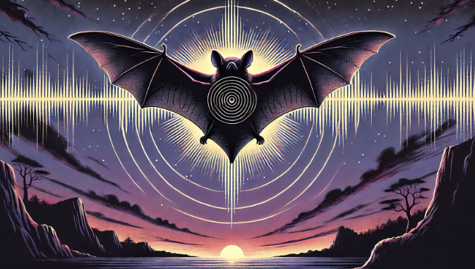 The illustration captures a fascinating twilight moment of a blindfolded microbat navigating its environment using echolocation. The bat is in dynamic mid-flight, its wings fully extended in a graceful arc. Despite the blindfold, the microbat exudes a sense of purpose, with its movements guided by sound waves visualized as concentric ripples radiating from its body. These ripples, rendered in a soft glowing effect, symbolize the echolocation process, creating a captivating and educational visual element.