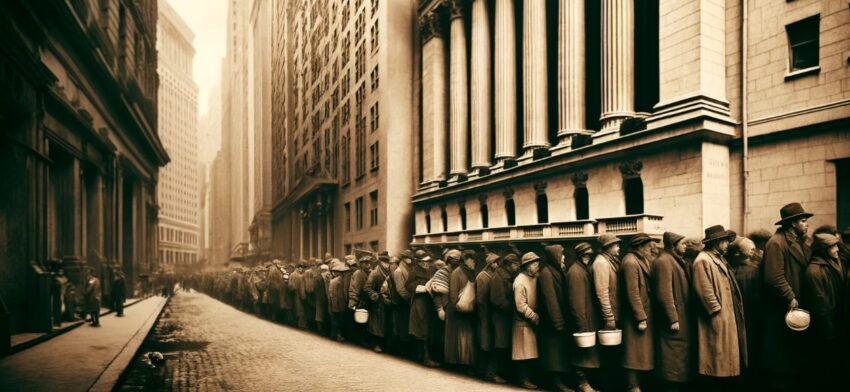 Here is the image capturing a somber scene of a breadline alongside Wall Street. The contrast between the ornate, towering buildings of the financial district and the line of people in worn clothing powerfully reflects the stark disparities of the Great Depression era.