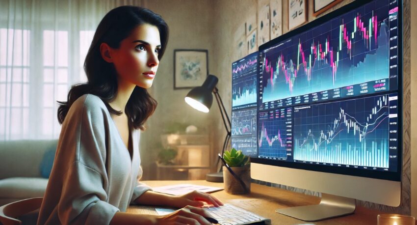 Here’s the image showing a woman deeply focused on stock data on her computer, surrounded by notes and financial documents. Her workspace reflects a modern, organized setup, with her attention captured by the colorful indicators and charts on her screen.