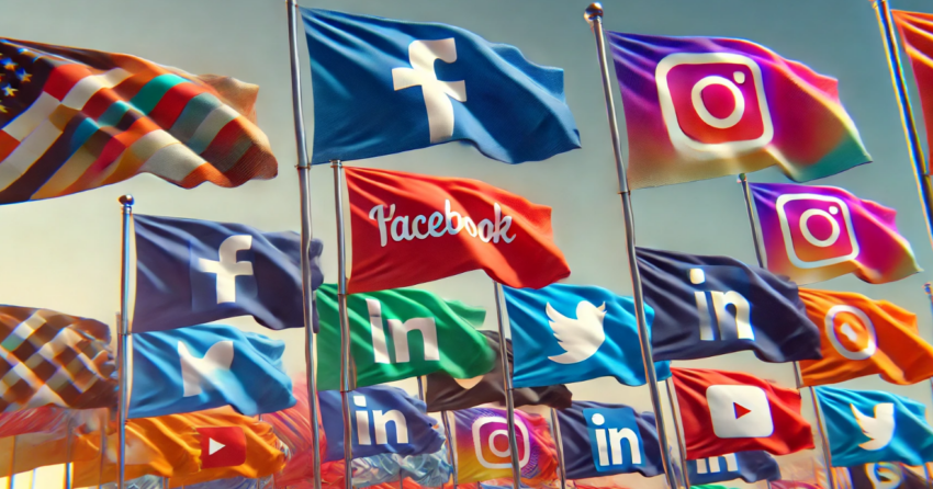 A row of flags featuring social media emblems, including logos for Facebook, Twitter, Instagram, LinkedIn, and YouTube, each on a flag that matches the platform's branding colors. The flags appear to be gently waving, set against a simple, clear sky, creating a modern and visually vibrant look that highlights the influence of digital platforms.