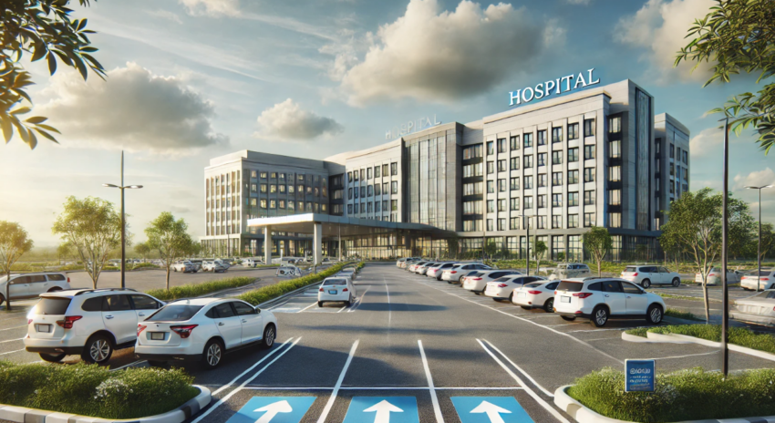 A view of a hospital from the parking lot, showing a large, modern building with clear windows and a welcoming entrance. The parking lot in the foreground has several parked cars, clear directional signage, and small trees or shrubs lining the area. Above, a partly cloudy sky and soft sunlight create a calm, inviting atmosphere.