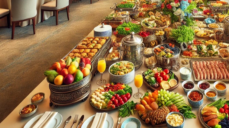 A vast lunch buffet set in a banquet hall, featuring a long table filled with various colorful dishes including salads, meats, seafood, cheeses, breads, and desserts. Diners approach the table, and the background shows neatly arranged dining tables with elegant settings and decor.