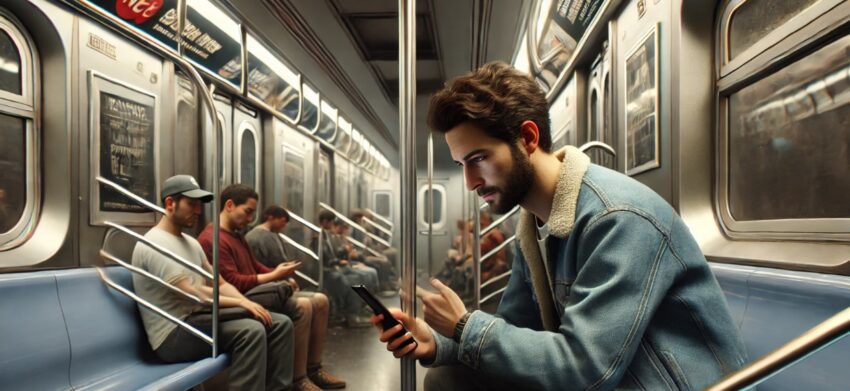 The image shows a man engrossed in his phone while riding a New York City subway, with the classic urban elements of a bustling yet subdued commute. The muted lighting and passengers around him capture the typical daily rhythm of NYC's underground transit.