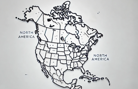 A simple outline map of North America displaying the continent's outer boundary with clean, minimalistic lines. The background is plain white, and no additional details such as borders or names are included.