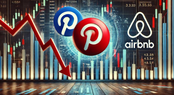 Logos of Pinterest and Airbnb with a stock market chart in the background showing red downward arrows, indicating a decrease in their stock values.