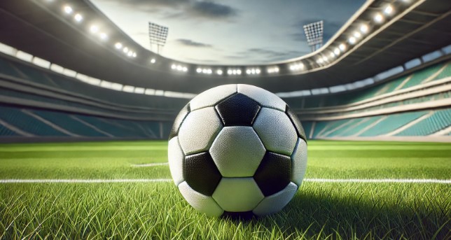 A wide-format image of a soccer ball on a vibrant green field in an empty stadium. The black-and-white ball is centered in the foreground, contrasting with the freshly cut grass. The stadium seats stretch across the background with tall floodlights, and the sky is overcast, casting a soft, diffused light over the scene, giving a sense of anticipation before the game.