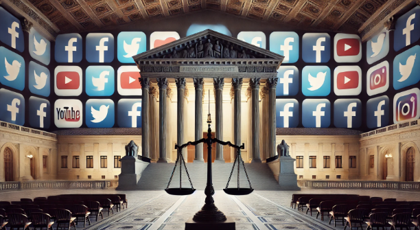 This striking image places the iconic neoclassical architecture of the U.S. Supreme Court in stark contrast to a futuristic, almost surreal, digital backdrop. Monumental screens displaying the familiar logos of major social media platforms, like Facebook, Twitter, and YouTube, loom over the courthouse, encapsulating the current legal tug-of-war between state regulations and First Amendment protections. At the heart of this composition, a balanced scale delicately poised between the two worlds symbolizes the judicial balancing act between upholding free speech and managing the power of tech companies.