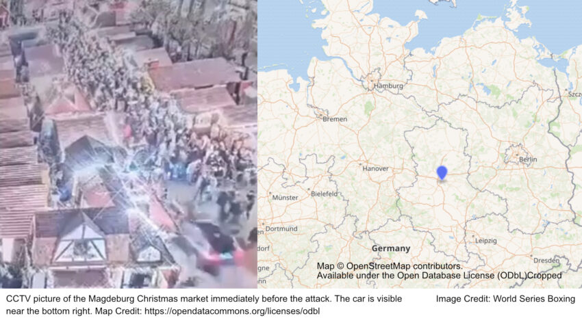 CCTV picture of the Magdeburg Christmas market immediately before the attack. The car is visible