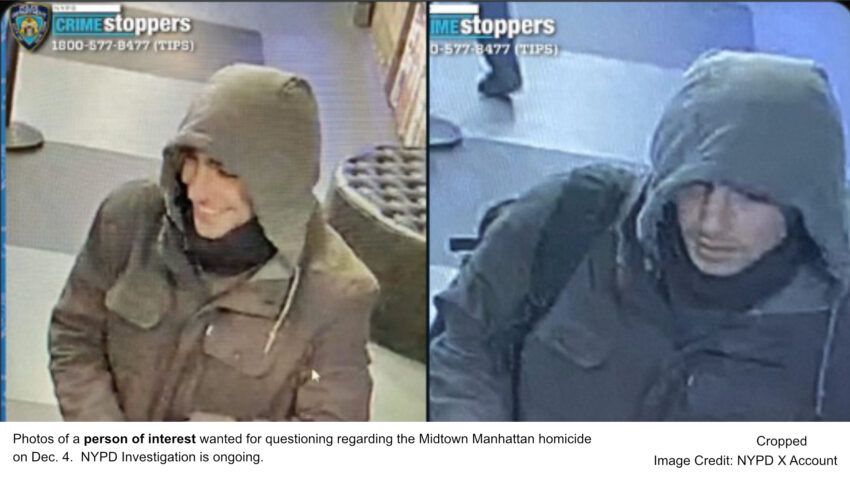 Photos of a person of interest wanted for questioning regarding the Midtown Manhattan homicide on Dec. 4. NYPD Investigation is ongoing.