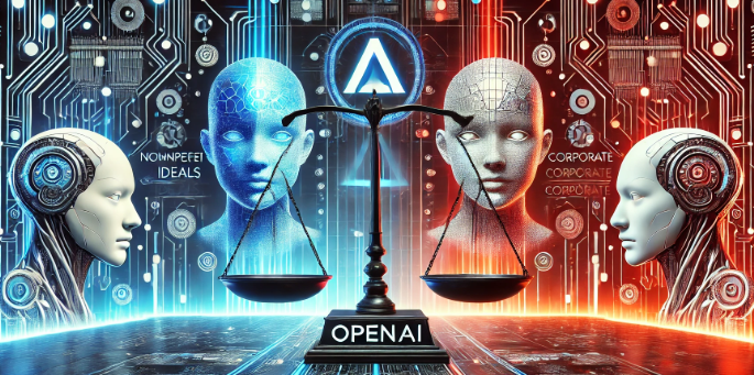 OpenAI's logo at the center of a futuristic digital scale symbolizing balance. One side features a stylized blue-toned avatar representing Meta with interconnected network designs, while the other has a fiery red-toned avatar representing Grok with angular, mechanical features. The background is a high-tech AI-themed landscape with glowing circuits, holographic data streams, and futuristic architecture.