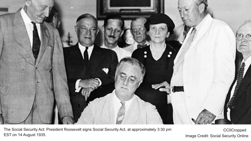 The Social Security Act: President Roosevelt signs Social Security Act, at approximately 3:30 pm